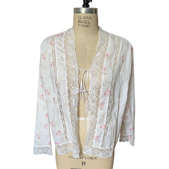 Eileen West White & Pink Floral Cotton Lace Trim Jacket Size XL X-Large - Picture 1 of 7